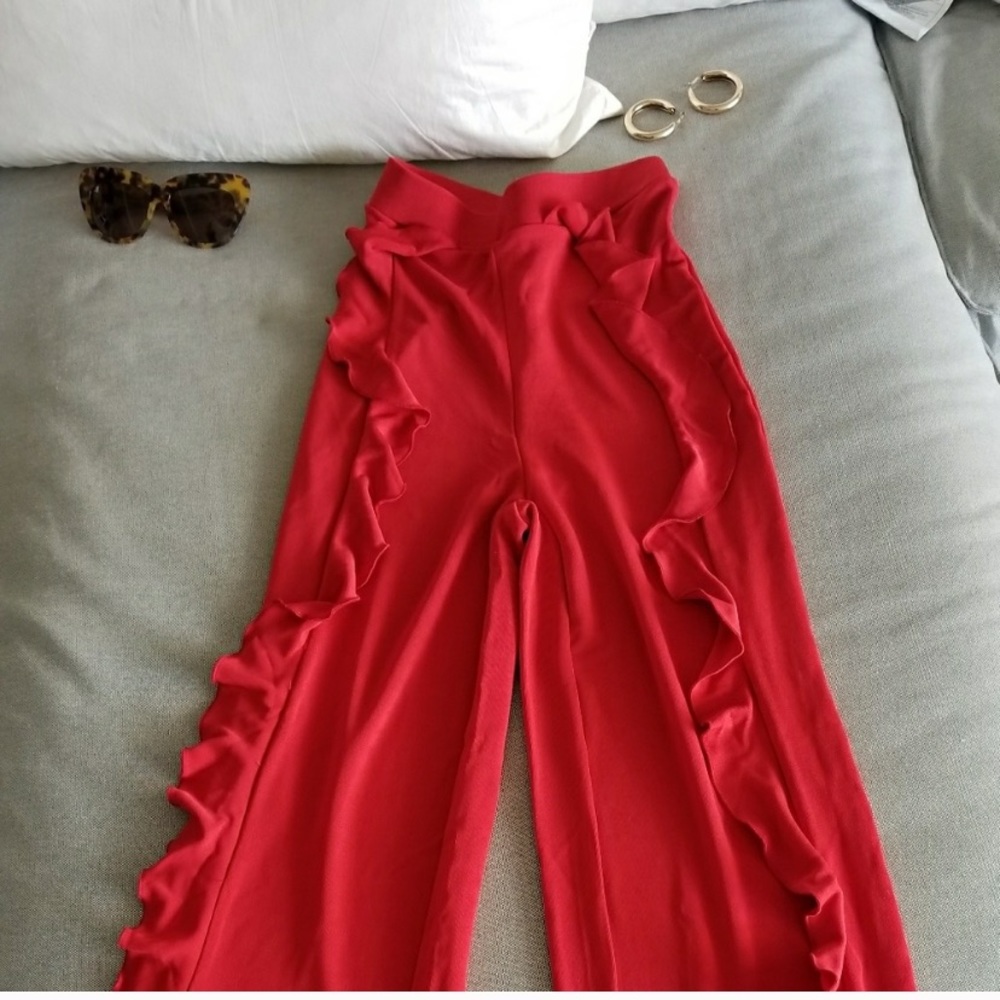 High Waisted Red Ruffle Pants